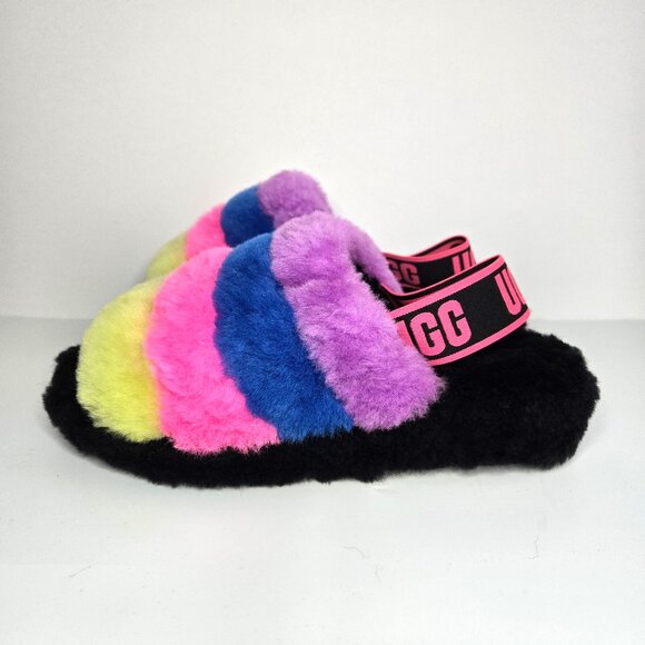 UGG Slippers Black MultiColor Fluff Yeah Slide Sandals Shoes 7 US (38 EU) NEW - Picture 1 of 8